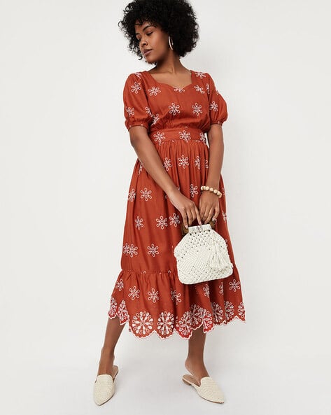 Women Embroidered Midi Tiered Dress