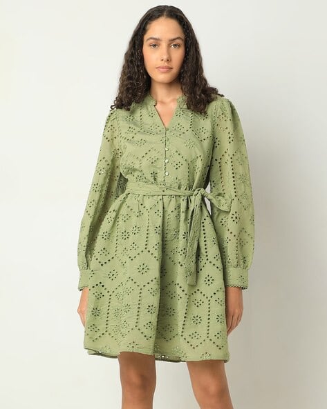 Vero Moda Women Schiffli Embroidered Fit & Flare Dress with Tie-Up Belt