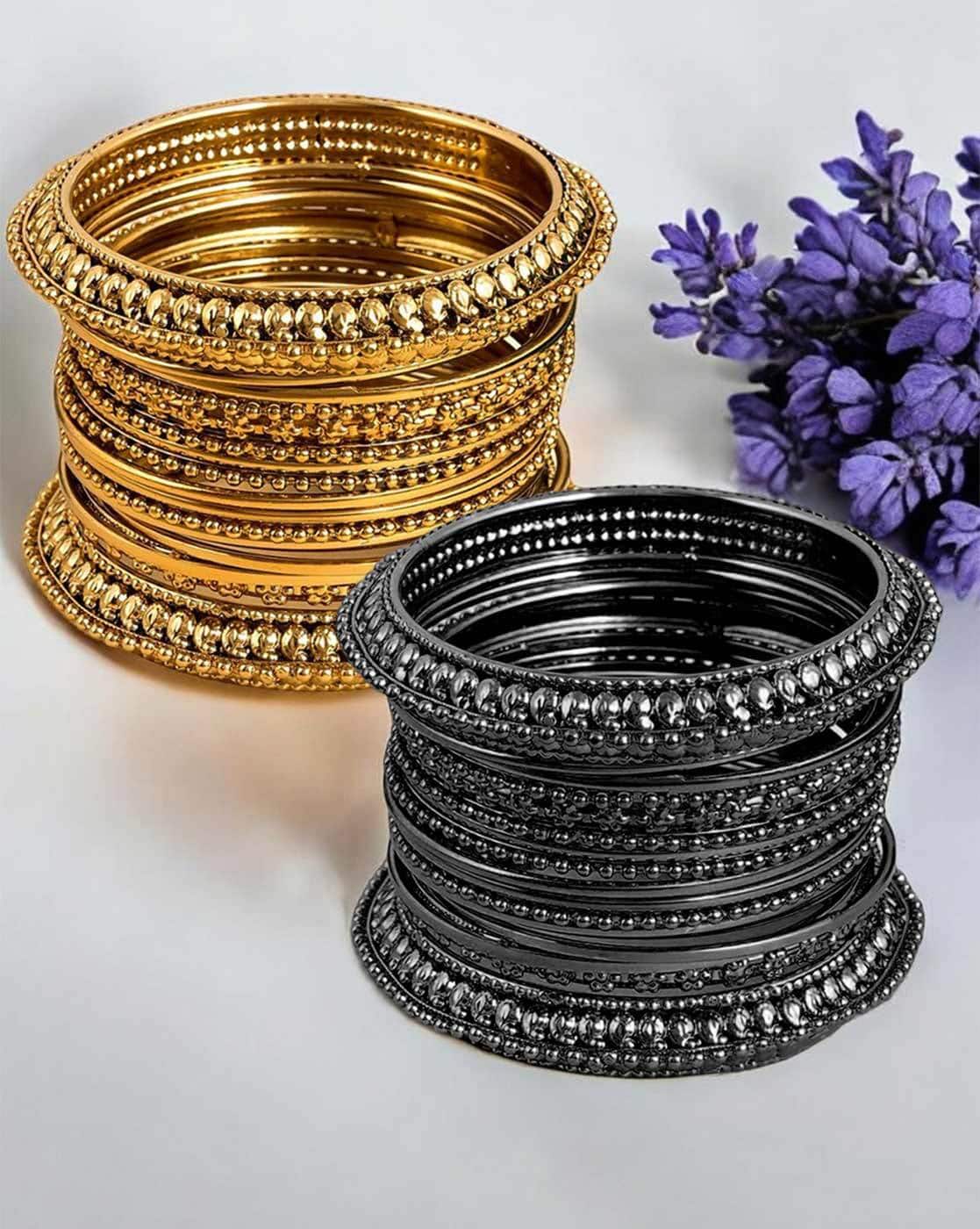 Set of 32 Women Gold-Plated Oxidised Bangles