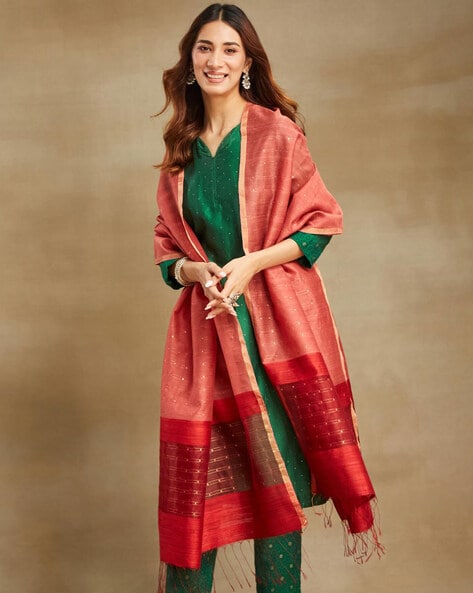 Women Handwoven Dupatta with Tassels Price in India