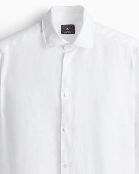 H And M Black And White Shirt Men Slim Fit Long-Sleeved Linen Shirt