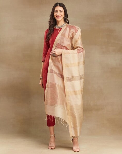 Women Woven Dupatta with Tassels Price in India