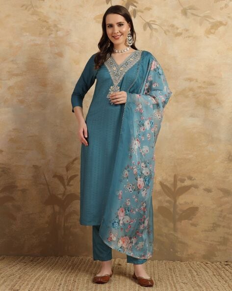 Women Embroidered Straight Kurta Set Price in India