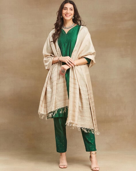 Women Woven Dupatta with Tassels Price in India