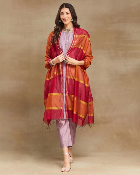 Women Woven Dupatta with Tassels Price in India