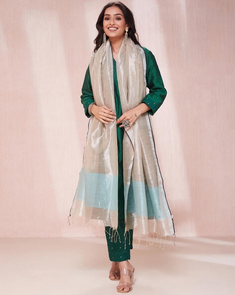 Women Woven Dupatta with Tassels Price in India