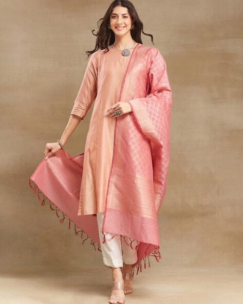 Women Woven Dupatta with Tassels Price in India