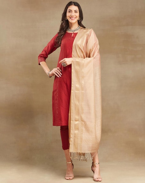 Women Woven Dupatta with Tassels Price in India