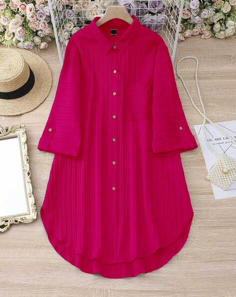 Women Striped Shirt Dress with Patch Pocket