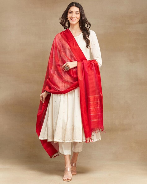 Women  Woven Dupatta with Tassels Price in India