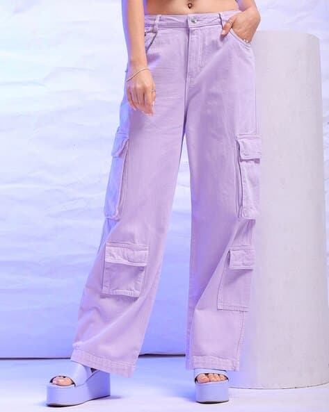 Women Lightly Washed Relaxed Fit Jeans with Cargo Pockets