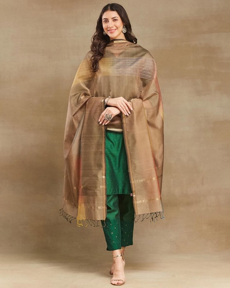 Women Woven Dupatta with Tassels Price in India