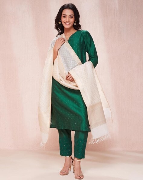 Women Woven Dupatta with Tassels Price in India