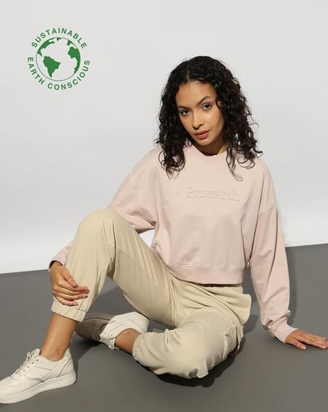Proearth by AZORTE Women Brand Embossed Organic Cotton Relaxed Fit Sweatshirt
