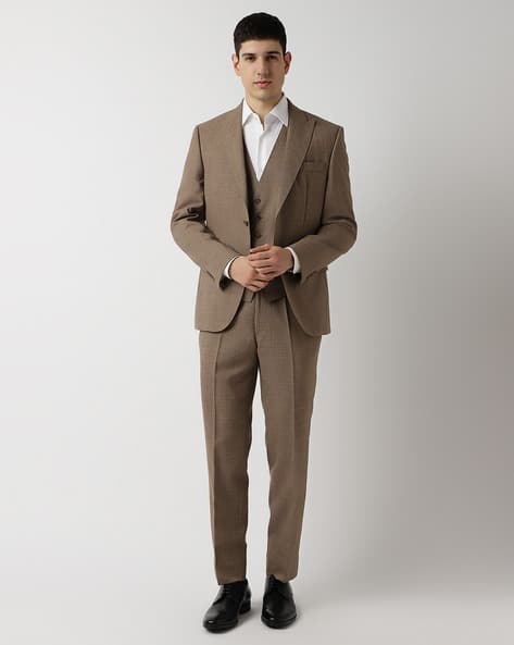 Buy BOSS Virgin Wool Regular Fit 3-Piece Suit | Beige Color Men | AJIO LUXE