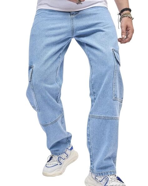 Men Heavily Washed Relaxed Cargo Jeans