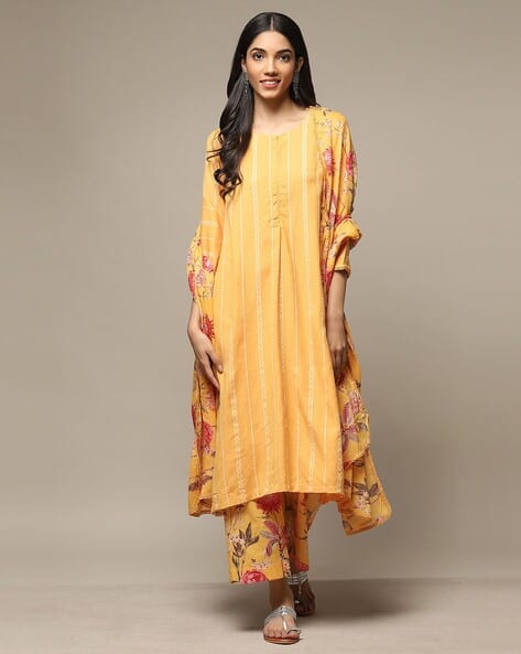 Biba Women Striped Straight Kurta with Palazzos & Dupatta