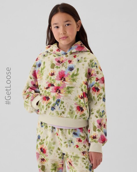 Girls Floral Print Hoodie with Kangaroo Pocket