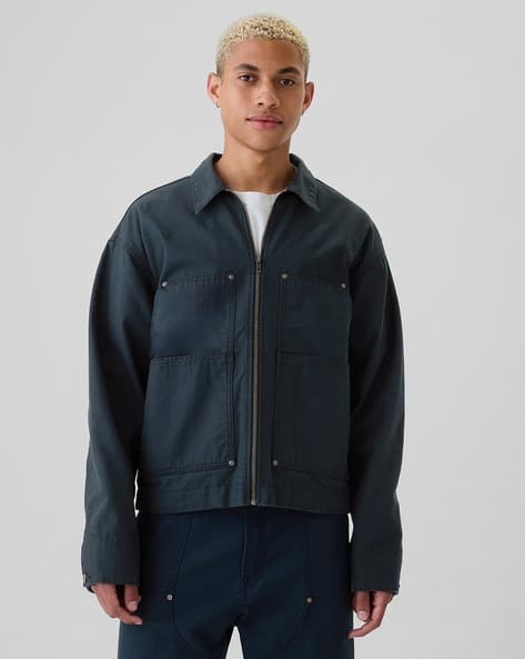 Men Regular Fit Zip-Front Carpenter Jacket with Pockets