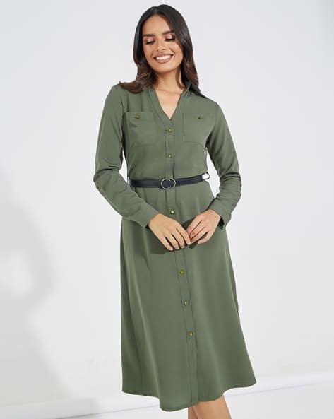 Full Sleeves A-Line Shirt Midi Dress With Belt