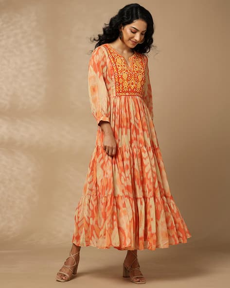 open lace back dress Aarke Ritu Kumar Orange Floral Print Long Dress