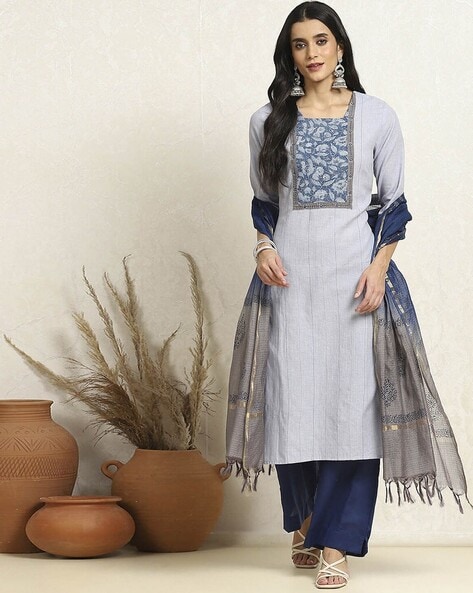 Women Striped 3-Piece Dress Material Price in India