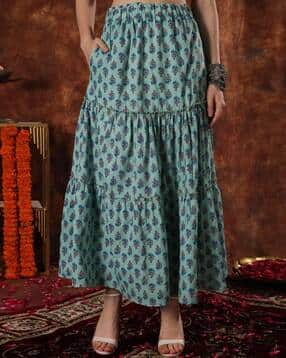 Women Block Print Flared Skirt with Elasticated Waistband-image-45