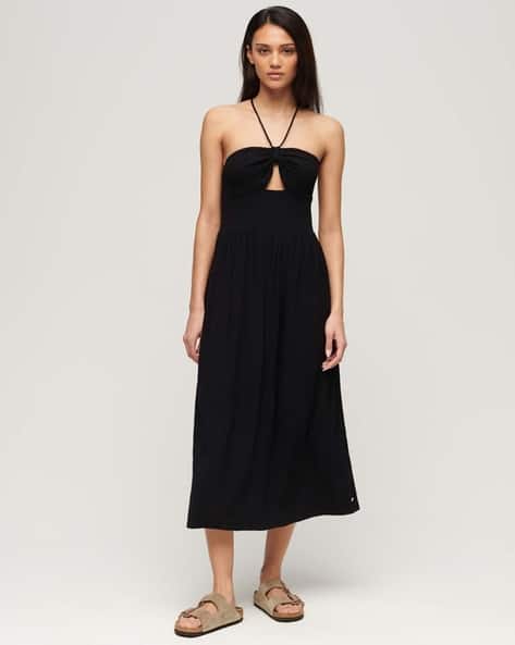 Women Halter-Neck Fit Flare Dress with Cut-Out