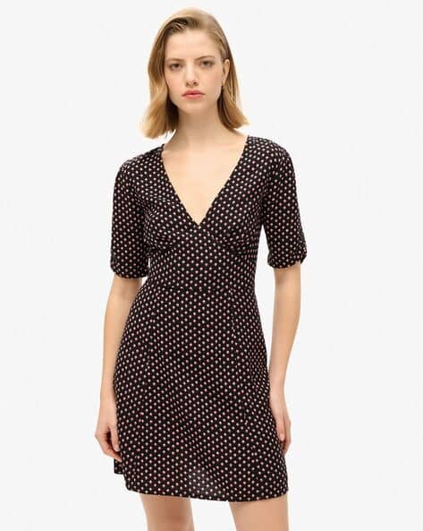 Women Micro Print V-Neck Skater Dress