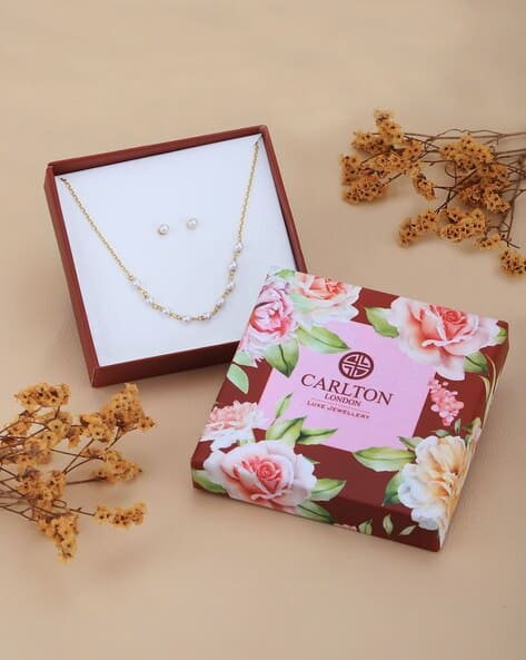 Carlton London Women Gold-Plated Pearl-Beaded Necklace & Earrings Jewellery Set