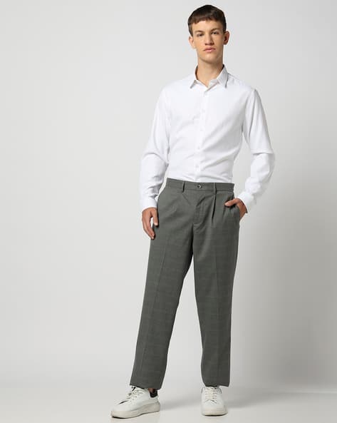 Men Checked Relaxed Fit Flat-Front Formal Trousers