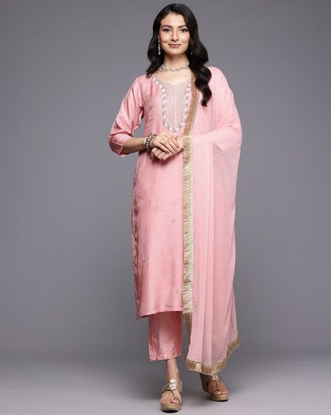 Women Embroidered Straight Kurta Set Price in India