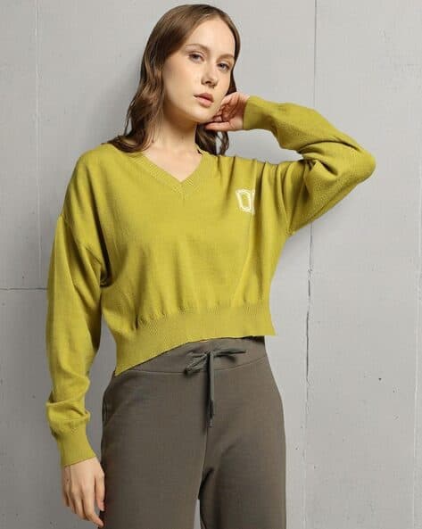 Women V-Neck Pullover with Ribbed Hems