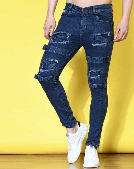 Slim Fit Jeans Mens Blue Ripped Biker Jeans Men's Slim Fit Ankle