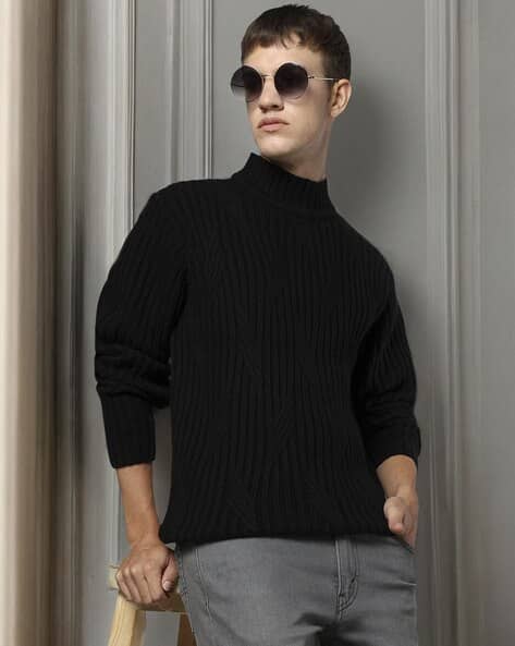 Men Ribbed Regular Fit High-Neck Pullover