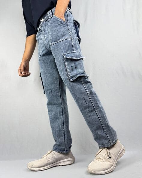 Men Lightly Washed Baggy Cargo Jeans