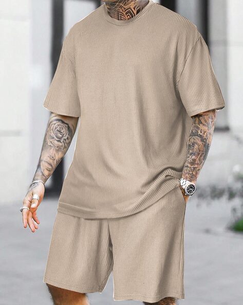 Men Ribbed T-Shirt & Shorts Co-Ord Set