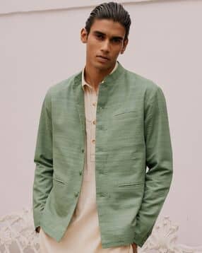Regular Fit Front-Open Nehru Jacket with Welt Pockets-image-10