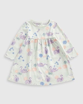 mothercare Girls Swan Print Cotton Fit & Flare Dress-picture-22