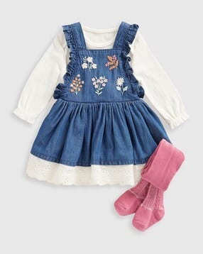 mothercare Girls Highland Meadow Denim Pinafore Dress with Bodysuit & Tights-picture-24