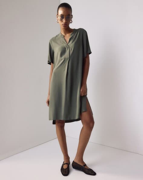 slim fit dress slacks Artisan Wool Tunic Dress – Dark Green with Cowl Neck & Layered Hem – 2 –  Xiaolizi main image 1