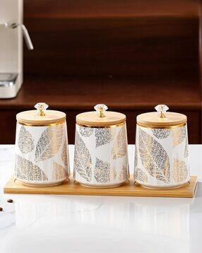 Set of 3 Leaf Print Ceramic Kitchen Storage Jars with Bamboo Lid