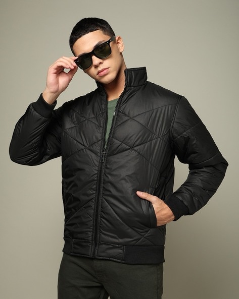 Men Quilted Regular Fit Zip-Front Bomber Jacket