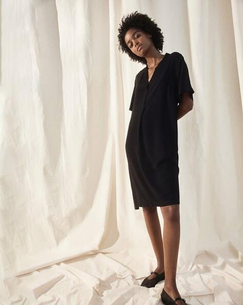 white christmas dresses V-Neck T-Shirt Dress – Casual Short Sleeve A-Line Swing Tunic with Poc –  Azules main image 1