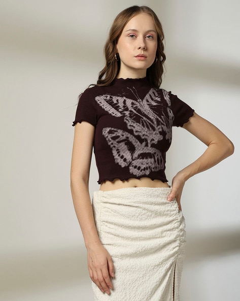 Women Butterfly Print Regular Fit Crop Top
