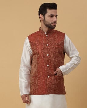 kraft india Men Floral Woven Fitted Nehru jacket with Welt Pockets-picture-29