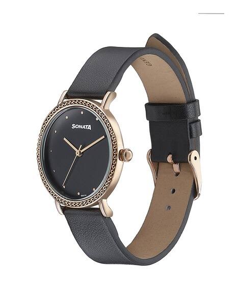 sonata watches ladies black leather strap watches