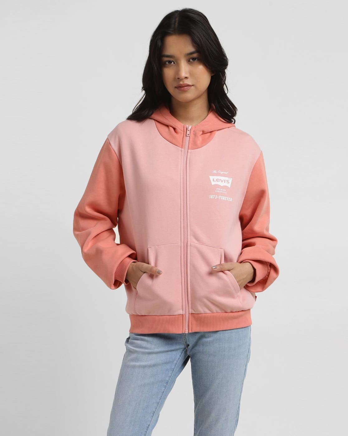 Women Colourblock Regular Fit Zip-Front Hoodie
