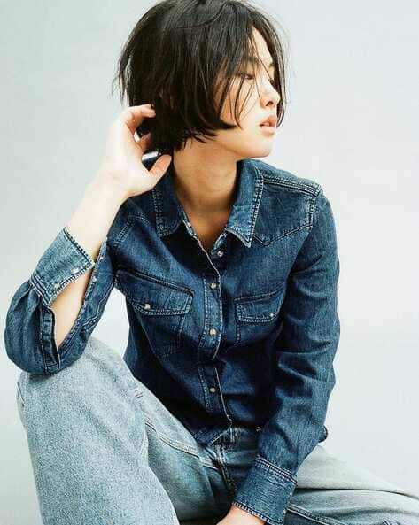 Women Lightly Washed Slim Fit Denim Shirt