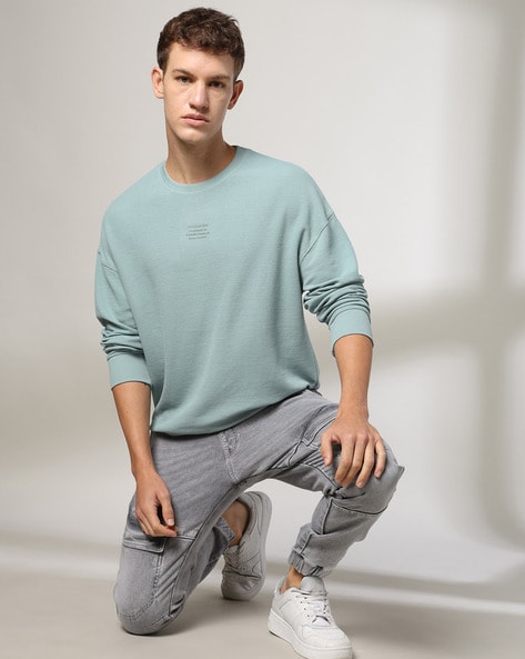 Men Relaxed Fit Crew-Neck Sweatshirt with Brand Print